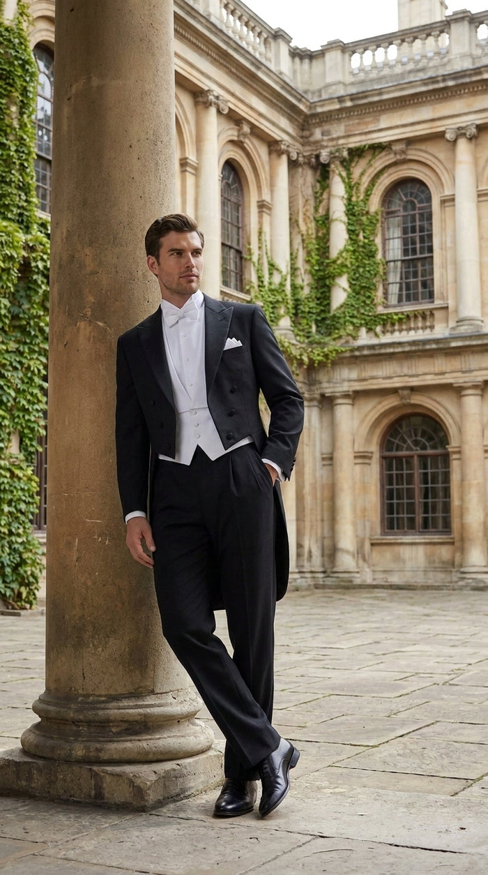Men’s Black Victorian Tailcoat Tuxedo – 1800s 19th Century Edwardian Peak Lapel Formal Suit