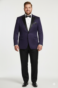 Men’s Purple Paisley Tuxedo Jacket – Ultra Slim Fit Dinner Blazer with Black Satin Peak Lapel