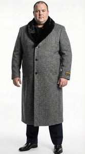 Men's Grey Herringbone Tweed Long Overcoat with Black Faux Fur Collar, Classic Winter Topcoat