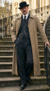 Men’s Beige Cotton Trench Coat Suit Package – Classic Long Overcoat for Formal + Suit + Hat