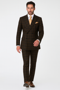 Men's Brown Plaid Double-Breasted Wool Suit – Classic Windowpane Two-Piece Formal Suit By Rossiman