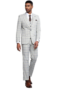 Men's Stacy Adams One Button Peak Lapel Vested Windowpane Plaid Suit in Grey & Blue