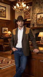 Men’s Chocolate Brown Western Blazer – Cowboy Sport Coat with Tan Suede Yoke for Rodeo & Country Wear