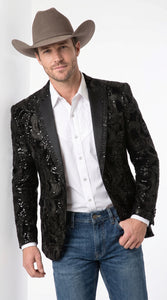 Men’s Black Sequin Western Blazer – Embroidered Cowboy Tuxedo Jacket with Rhinestone Lapels