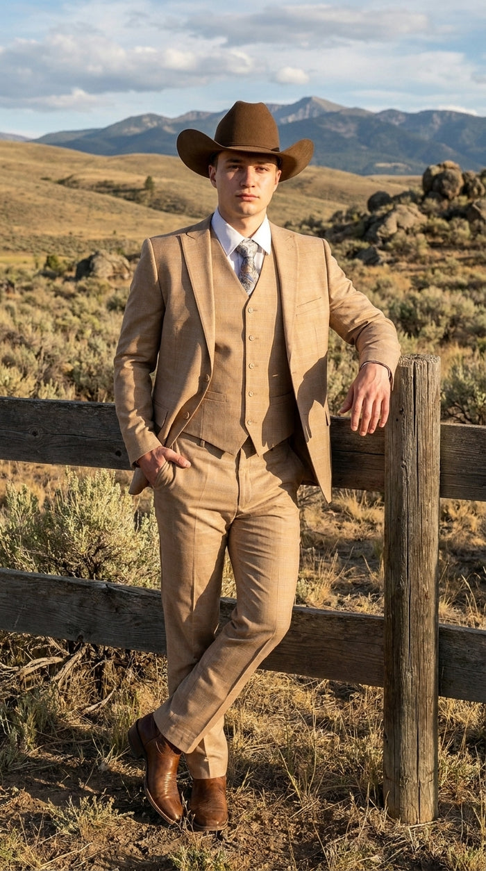 Men’s Khaki Tan Plaid Western Cowboy 3-Piece Suit – Texture Plaid windowpane Blazer, Vest & Pants