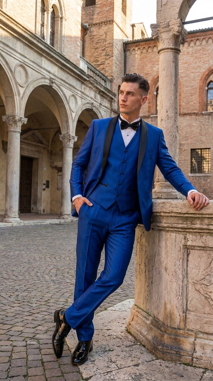 Men’s Shiny Royal Blue 3 Piece Tuxedo – Vested Wedding & Prom Suit with Black Shawl Lapel
