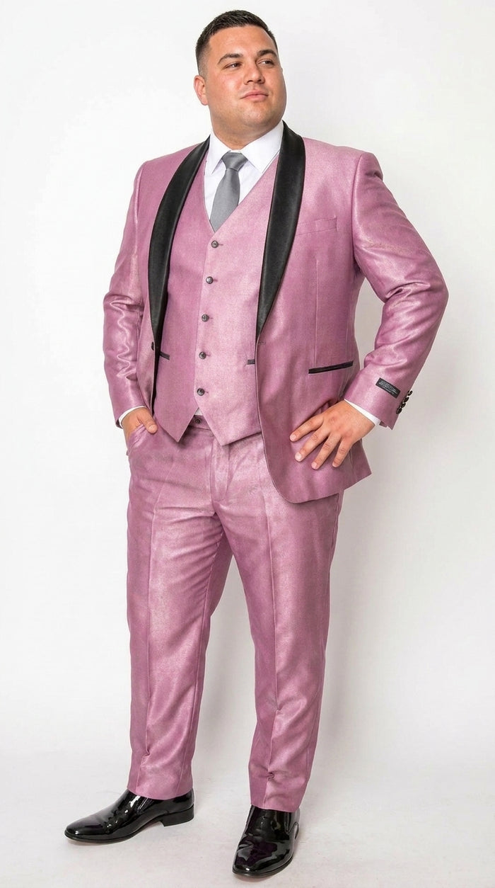 Men’s Shiny Mauve Pink 3 Piece Tuxedo – Wedding & Prom Suit with Black Shawl Lapel