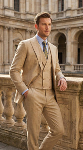 Men’s Great Gatsby Tan Summer Sharkskin 3 Piece – Double Breasted Vest Classic 1920s Groosmen Suit