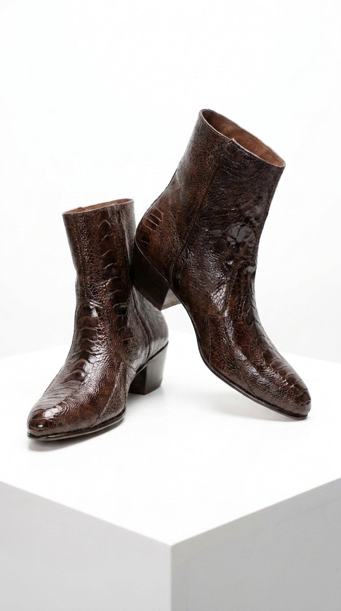 Men’s Brown Cuban Heel Boots – Exotic Ostrich Leg & Ostrich Quill Pointed Toe Dress Boots By Los Altos