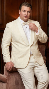 Men’s Ivory Off White Jacquard Dinner Jacket – Cream Tuxedo Blazer for Weddings & Formal Events + Bowtie included