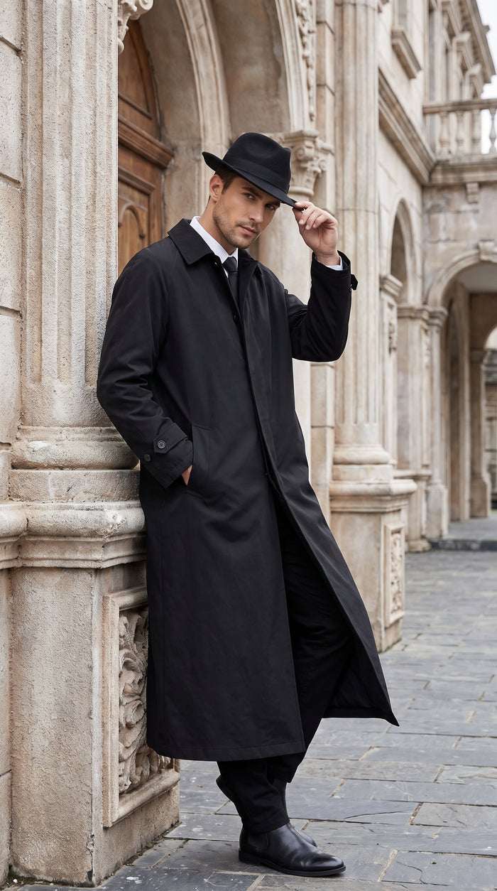 Men’s V for Vendetta Inspired Black Trench Coat – Long Gothic Full-Length Overcoat
