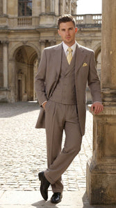 Men’s Light Kahki Sand 3-Piece Suit – Six-Button Jacket with Double-Breasted Vest and Pleated Pants Tan Color