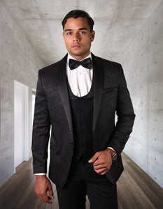 Mens One Button Shawl Lapel Vested Prom Tuxedo in Black Paisley