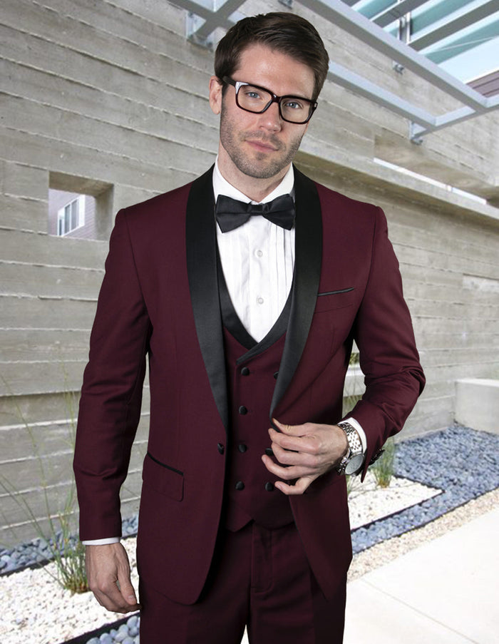 Maroon Prom Suit - Maroon Prom Tuxedo Suits - Maroon Wedding Tuxedo Mens Wool One Button Shawl Tuxedo with Double Breasted Vest in Burgundy