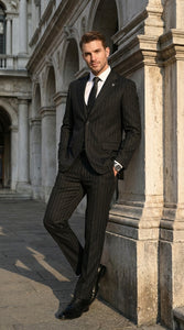 Men’s Black Tonal Shadow Pinstripe Vested Suit – 3 Piece Classic Fit Formal Wedding & Business Suit By Vitali