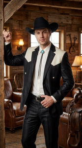 Men's Black Western Suit with White Shoulder Yoke – 2 Piece Cowboy Wedding Suit & Western Blazer with Matching Dress Pants