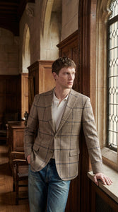 Men’s Tan Beige Peaky Blinders Glen Plaid Blazer English Style Textured Wool Winter Sport Coat Checkered Windowpane