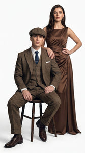 Men's Thomas Shelby Brown Tweed Herringbone 3-Piece Suit – Peaky Blinders 1920s Vintage-Style Suit with Matching Vest & Trousers