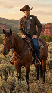 Men’s Brown Western Tweed Herringbone Blazer Jacket – Classic Cowboy Style Sport Coat for Wedding Party
