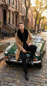 Men’s Camel Tan Long Overcoat with Black Faux Fur Collar - Wool Topcoat Three if not Full length