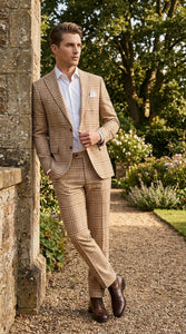 Beige Tan Plaid windowpane Two Piece Suit for Men | Classic Checkered Formal Suit with Jacket and Pants by Rossiman