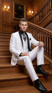 Men’s White Shiny Flashy Fabric Tuxedo Suit with Black Shawl Lapel | Luxury Formal Wedding and Evening Suit Sharkskin Metallic Fabric