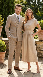 Vinci Men’s Beige Plaid Double Breasted Suit – Classic Checkered Formal Suit Set in Tan Color Windowpane Checkered Pattern