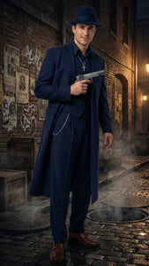Mens Navy Blue 1920s Zoot Suit – Long Mafia Gangster Three-Piece Vintage Costume Set Suit Pachuco Style