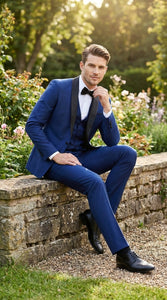 Men’s Shiny Sharkskin Saphire Royal Blue Tuxedo 3 Piece Suit with Black Shawl Lapel | Formal Wedding Prom Suit Shiny Fabric