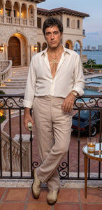 Tony Montana’s White Linen Shirt and Tan Pants – Men’s White Formal Shirt with Tan Trousers for Party, Wedding and Vintage Style Outfit
