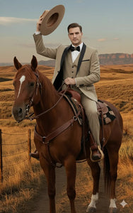 Men’s Western Cowboy Suit – 3-Piece Tan Tuxedo with Black Lapel, Vest, and Pants Beige  Color
