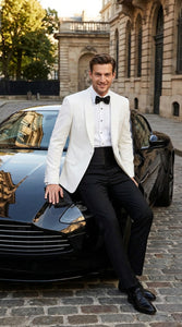 Men's White Dinner Jacket Tuxedo Blazer with Black Satin Shawl Lapel  With Black Tuxedo Pants