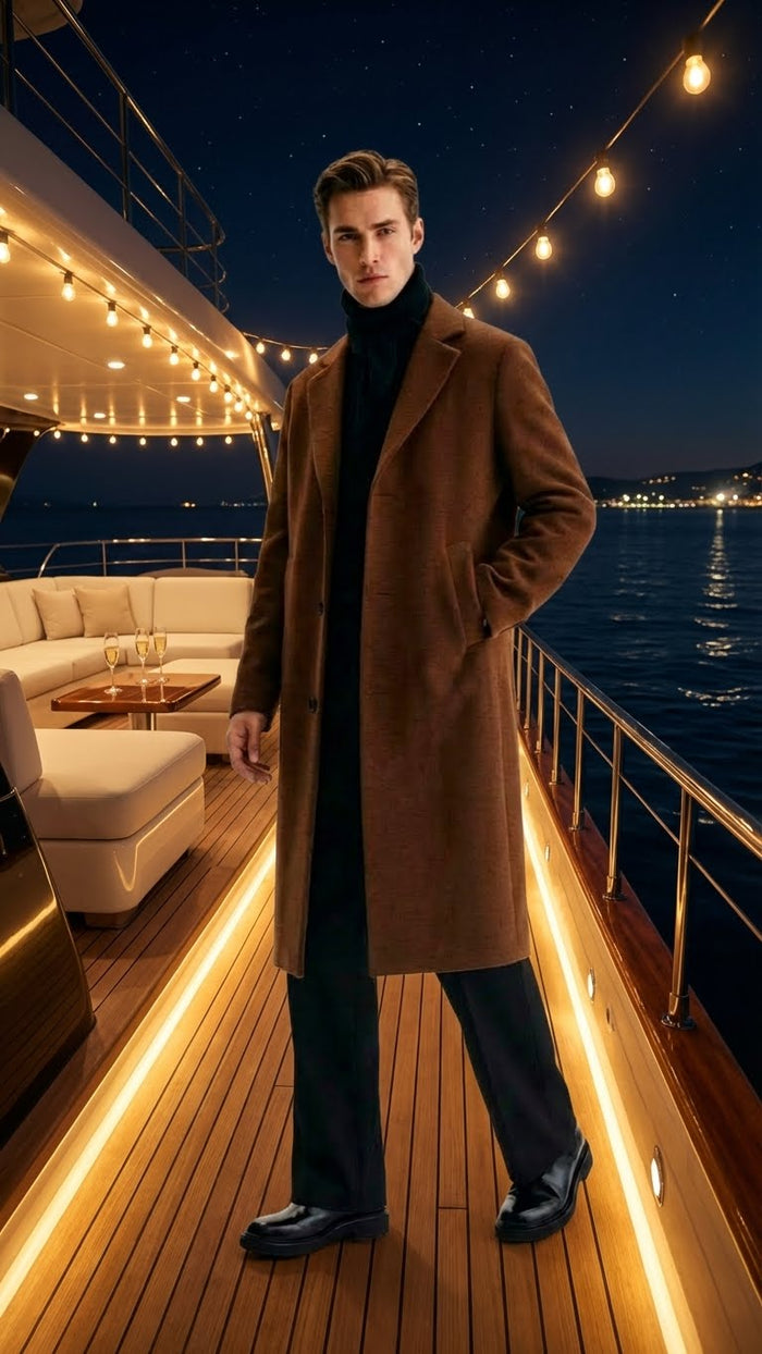 Men’s Brown Long Wool Overcoat – Topcoat Wool Carcoat Three Quarter