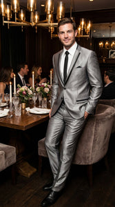 Men’s Silver Sharkskin Tuxedo Suit with Black Piping – Shiny Two Button Formal Suit for Wedding, Prom and Party Wear
