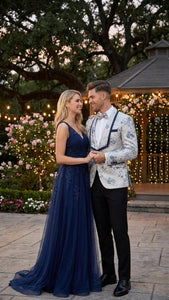 Men’s White and Navy Blue Lapel  Floral Jacquard Blazer with Contrast Shawl Lapel – Luxury Wedding and Party Wear Jacket paisley Tuxedo Navy Pants