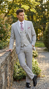 Men’s Light Gray 3 Piece Suit – Ice Silver Gray Formal Suit Set with Vest, Patterned Lapel and Tie for Wedding, Prom and Business Events