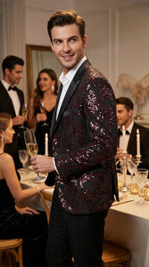 Men’s Black and Burgundy Sequin Blazer – Black Sparkle Sequin Party Blazer with Burgundy Pattern for Prom, Wedding Slim Fitted