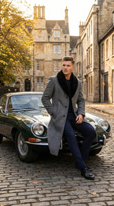 Men's Grey Herringbone Tweed Long Overcoat with Black Faux Fur Collar, Classic Winter Topcoat