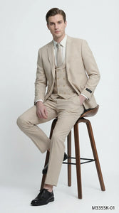 Mens Sand Beige 3 Piece Suit – Double breasted Vest Formal Suit Set  and Dress Pants in Champaign Natural Summer Color
