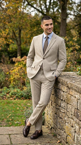 Men’s Light Tan Tweed Suit – Classic Beige Two Piece Suit, Herringbone Formal Wear, Vintage Style Business & Wedding Outfit for Men