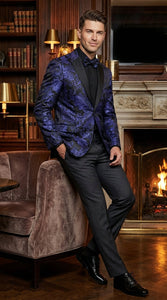 Mens Royal Blue Paisley Jacquard Blazer – Luxury Pattern Tuxedo Dinner Jacket with Black Satin Lapel for Wedding, Prom With Bowtie