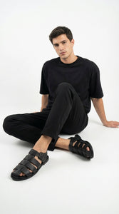 Mens Black Leather Sandals – Buckle Strap Casual Summer Shoes Breathable Open Toe Comfort Footwear