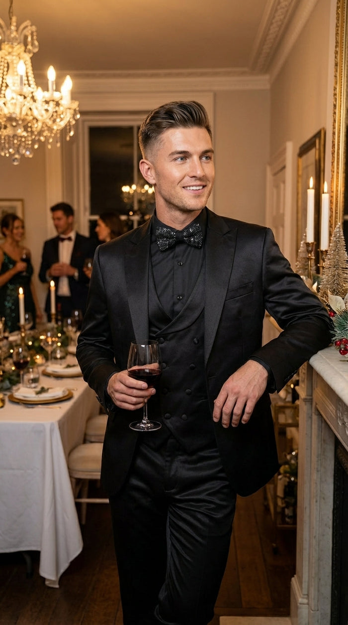 Men’s All Shiny Black Satin Suit – Black Satin Tuxedo Suit for Prom, Wedding, Formal Party and Evening Events Double breasted Vest