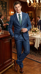 Men’s Indigo Blue Sharkskin Suit – Textured Shiny Formal Suit for Wedding, Business, 2 Buttons Slim Fitted