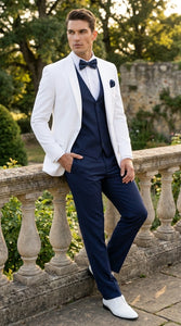 Men’s White and Navy blue tuxedo  3 Piece Suit – Classic White Blazer with Navy Vest and Pants for Wedding, Party + Bowtie