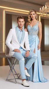 Men’s White & Sky Blue Tuxedo Suit with Embellished Shawl Lapel – Prom & Wedding in light baby poweder blue color