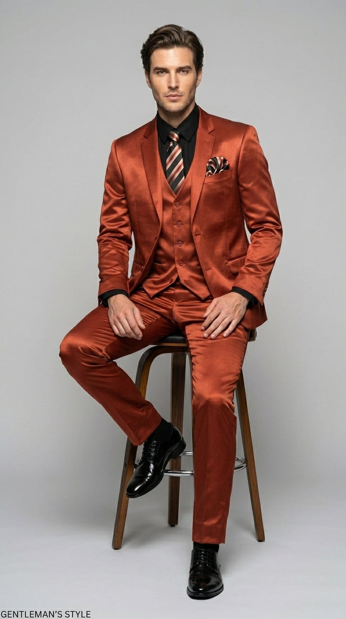 Men’s Rust Copper Coganc Shiny Sateen 3 Piece Suit, Vested Formal Wedding Prom Suit Set Ultra Slim Fit