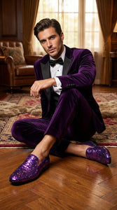 Mens Purple Sequin Dress Shoes Slip on  – Luxury Slip On Formal Loafers Wedding Prom Party Designer Footwear