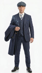 Men’s Navy Blue Herringbone Tweed  1920s 3 Piece Suit with Overcoat – Vintage Peaky Blinder Style Formal Suit Set with Blazer, Waistcoat + Overcoat + Hat
