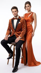 Men’s Burnt Orange Sequin Velvet Blazer – Kingsman Golden Bee Inspired Black Peak Lapel Dinner Jacket